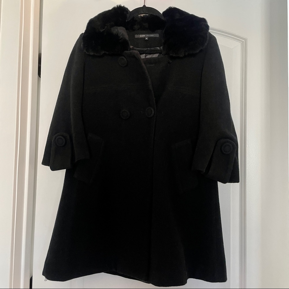 Marc Jacobs Black Wool Pea Coat with Faux Fur Collar